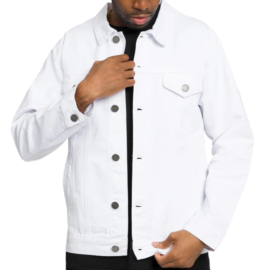 Mens Denim Jacket White with Black Print World Tour Paris Tokyo London Milan LA