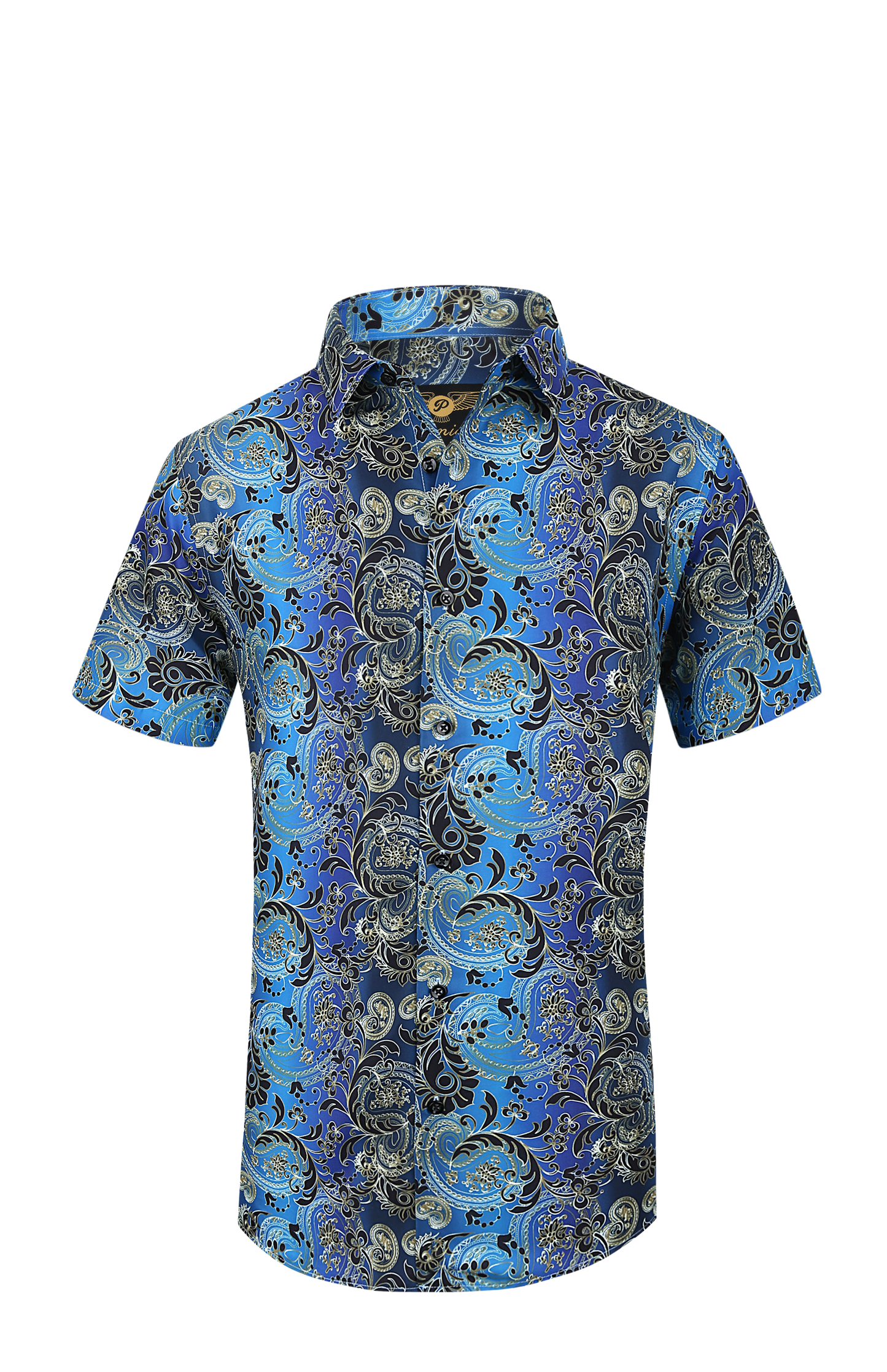 PREMIERE SHORT SLEEVE SHIRTS: BLUE/GOLD PAISLEY