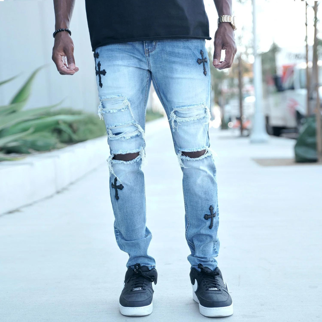 Men's Premium Black Cross Distressed Light Blue Denim Light Wash Slim Fit Jeans with Stretch