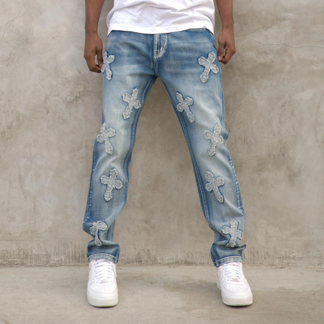 Men's Premium Denim Cross Distressed Light Blue Denim Light Wash Slim Fit Jeans with Stretch