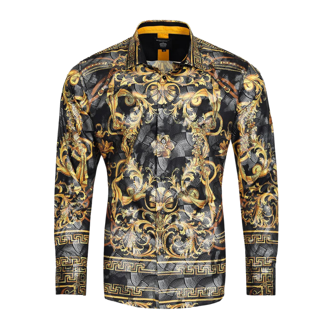 Men's Long Sleeve Button Down Dress Shirt Black Gold Tribal Geometric