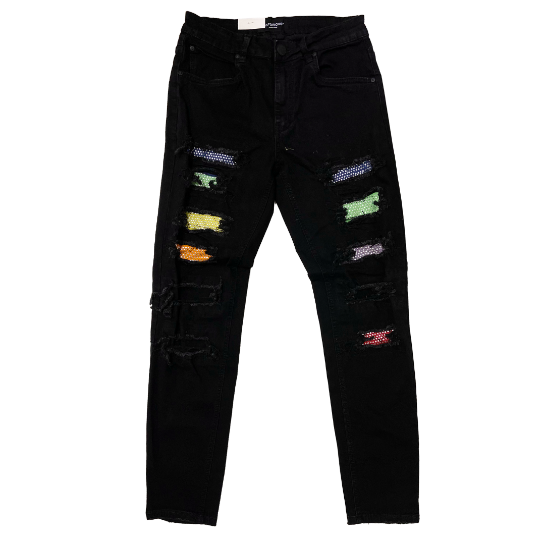 Men's Premium Distressed Jet Black Wash Colorful Stones Patch Distressed Denim Jeans