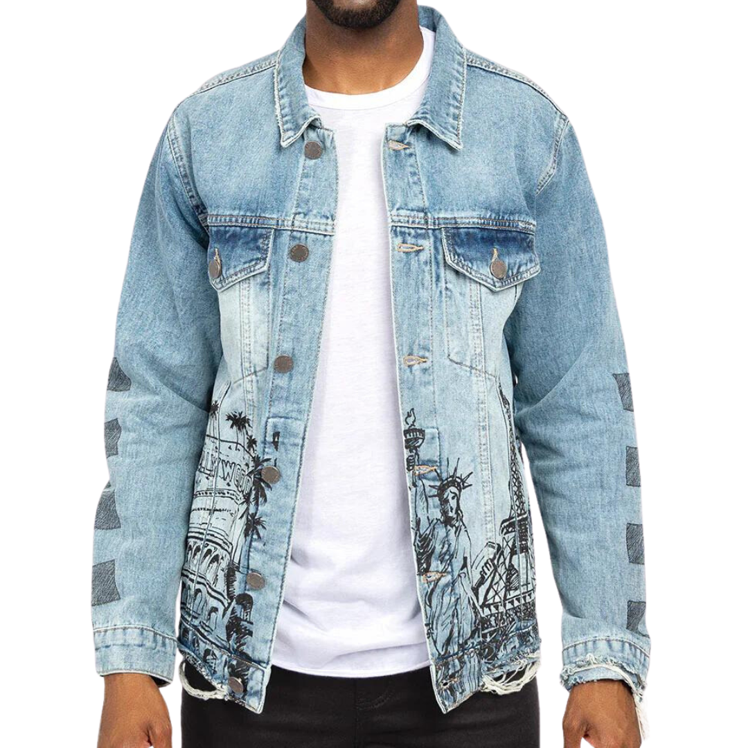 Mens Denim Jacket Blue Wash Black Print World Tour NY Paris Tokyo London Milan LA