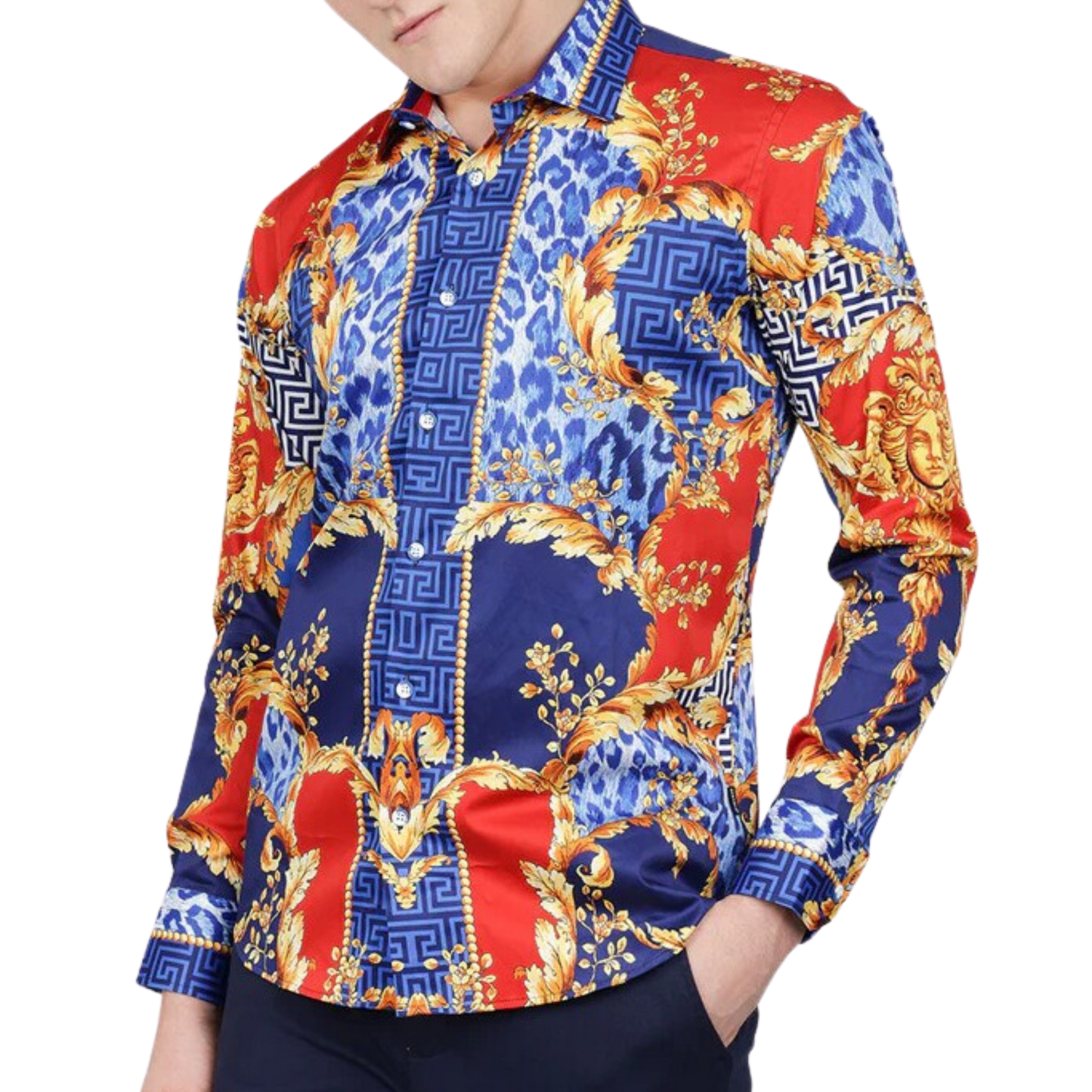 PREMIERE SHIRTS: RED/BLUE GOLDEN BAROQUE LEOPARD