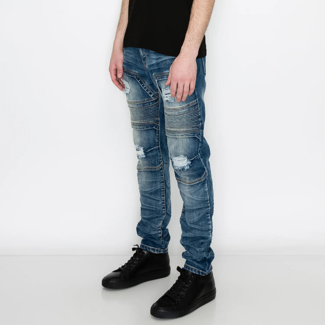 Men's Premium Distressed Biker Blue Denim Wash Skinny Jeans with Stretch