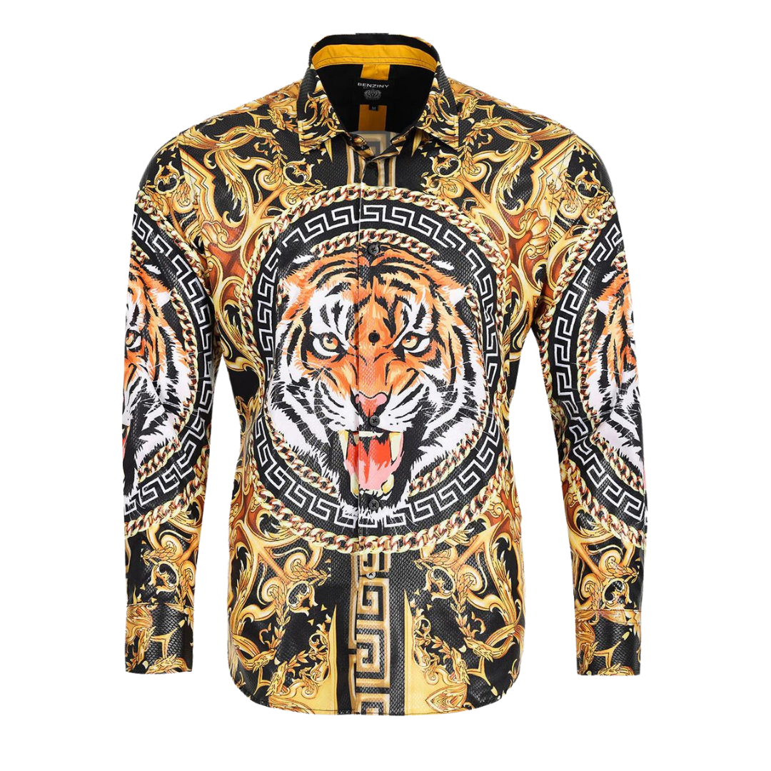 Men's Long Sleeve Button Down Dress Shirt Roar Tiger Black Gold Colorful