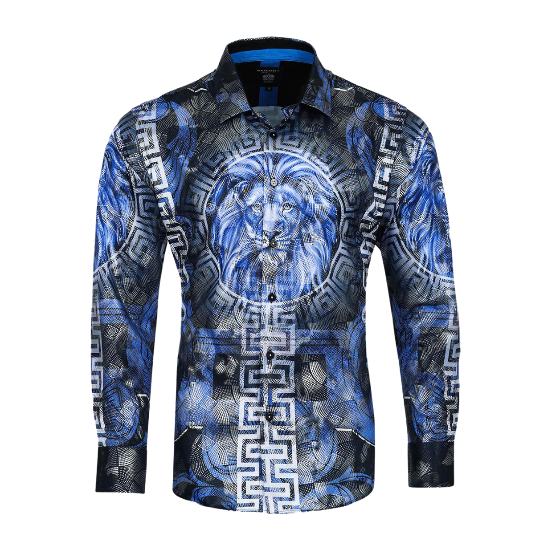Men's Long Sleeve Button Down Dress Shirt Roar Lion Blue Black White Leaf Tiger