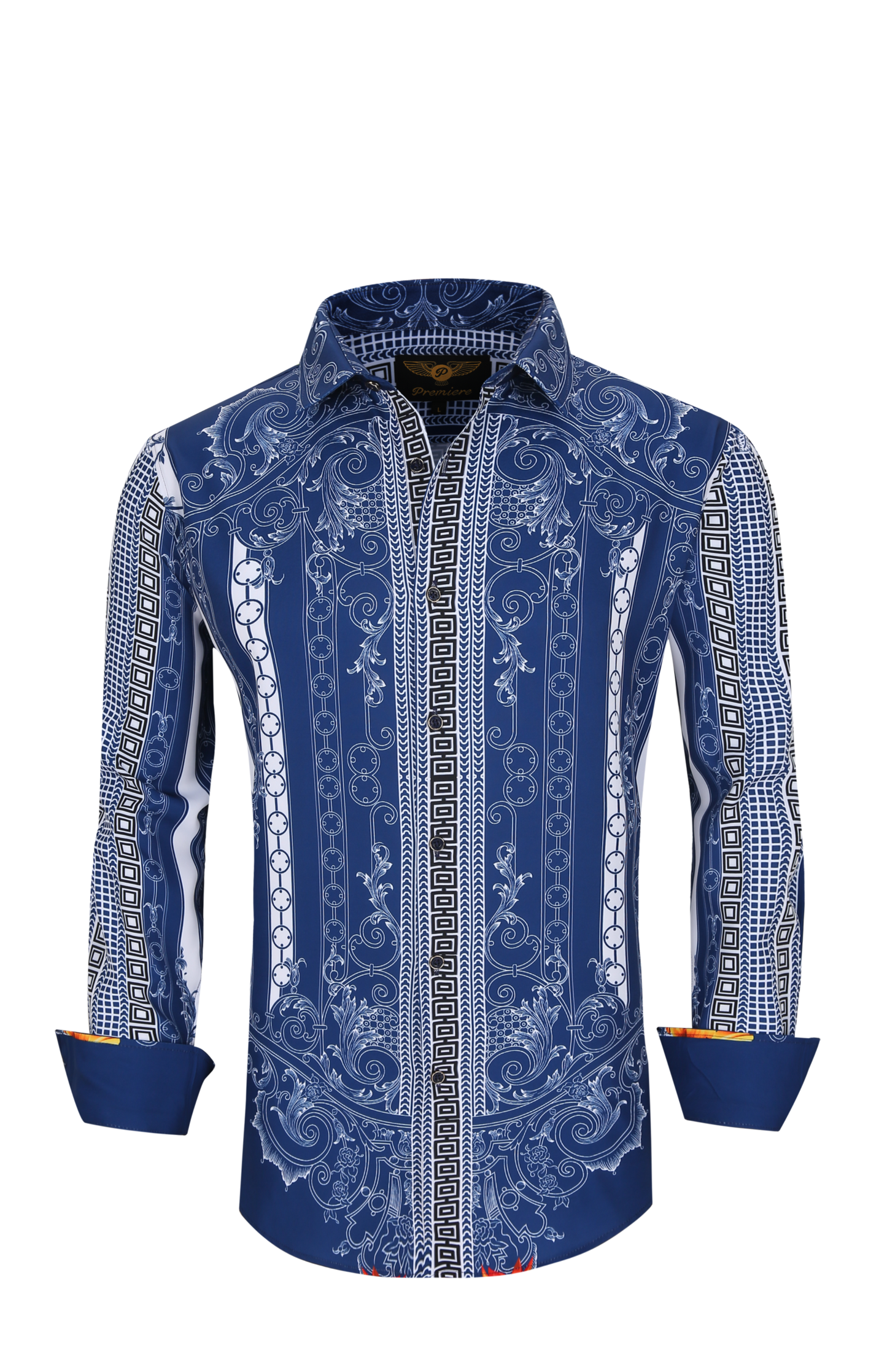PREMIERE SHIRTS: BLUE/WHITE TRIBAL GEOMETRIC