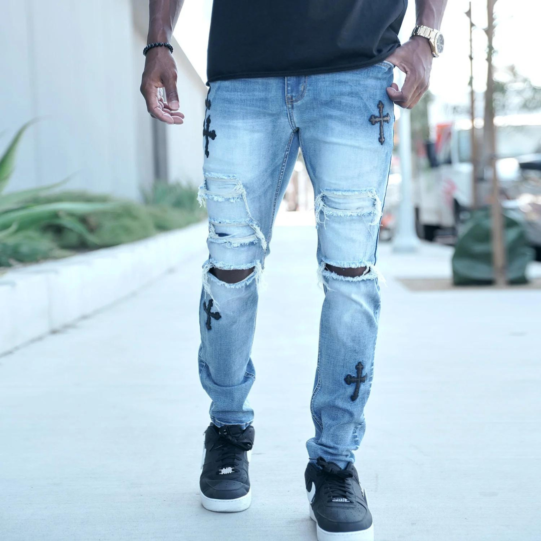 Men's Premium Black Cross Distressed Light Blue Denim Light Wash Slim Fit Jeans with Stretch