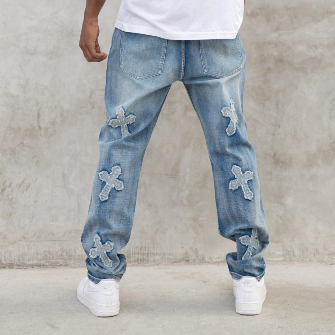 Men's Premium Denim Cross Distressed Light Blue Denim Light Wash Slim Fit Jeans with Stretch
