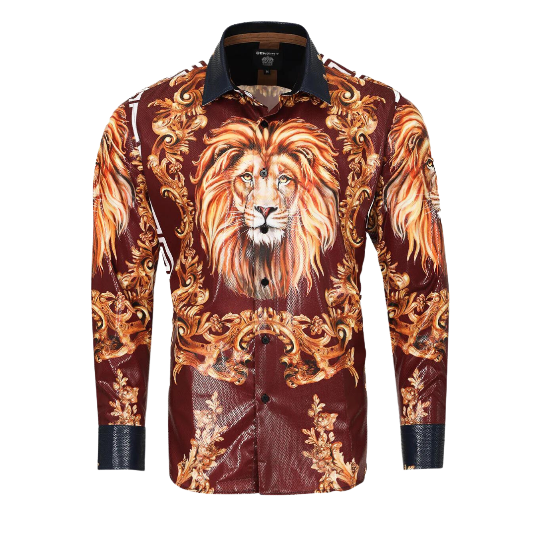 Men's Long Sleeve Button Down Dress Shirt Roar Tiger Golden Black White Gold Lion 2XL