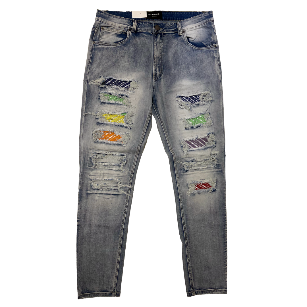 Men's Premium Distressed Blue Wash Colorful Stones Patch Distressed Denim Jeans