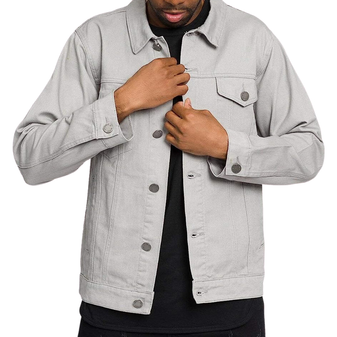 Mens Denim Jacket Grey with Black Print World Tour Paris Tokyo London Milan LA