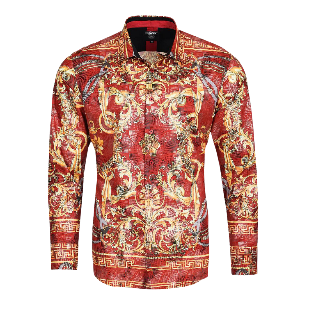 Men's Long Sleeve Button Down Dress Shirt Burgundy Red Gold Jewel Geometric