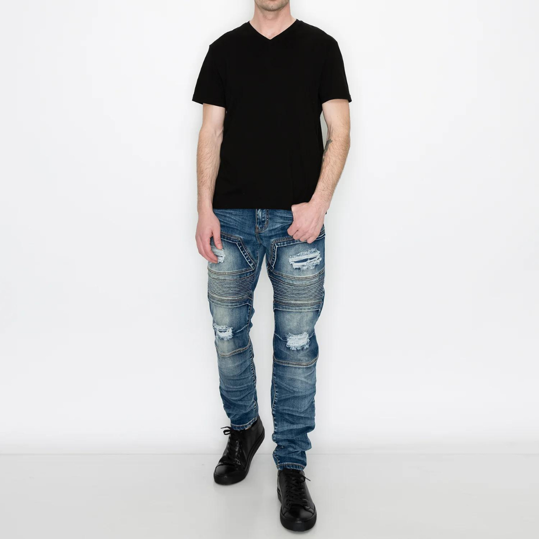 Men's Premium Distressed Biker Blue Denim Wash Skinny Jeans with Stretch