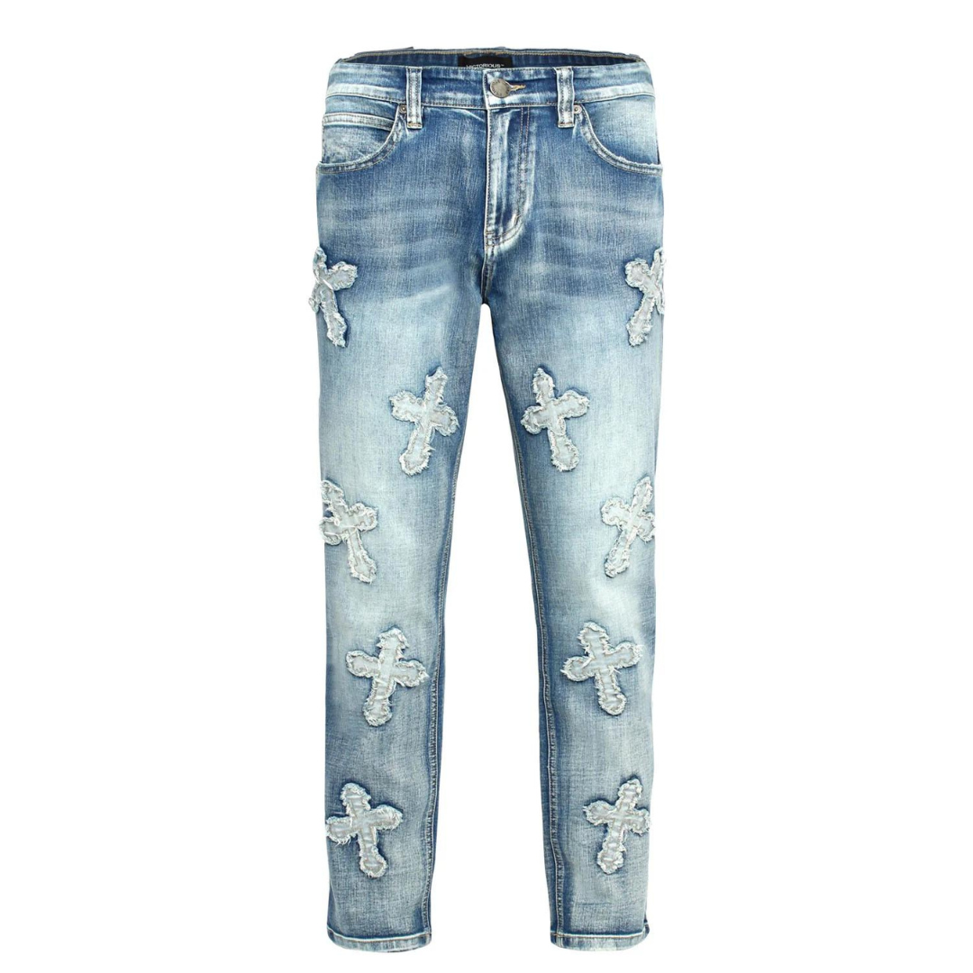 Men's Premium Denim Cross Distressed Light Blue Denim Light Wash Slim Fit Jeans with Stretch