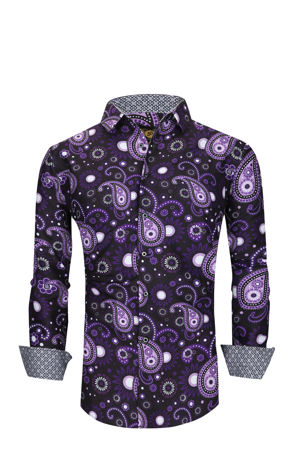 Men PREMIERE Long Sleeve Button Down Dress Shirt Purple Black Paisley Designer Shirt