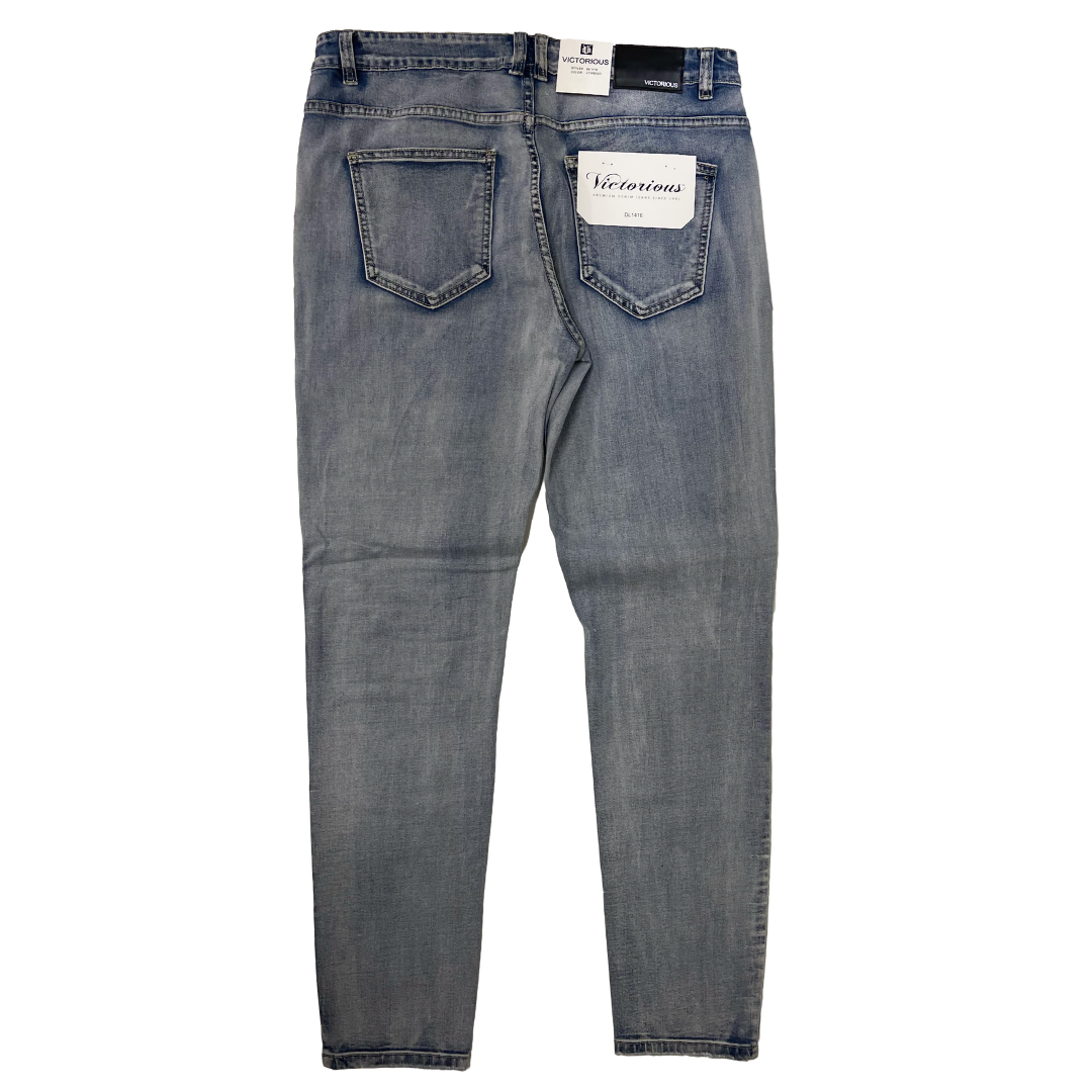 Men's Premium Distressed Blue Wash Colorful Stones Patch Distressed Denim Jeans
