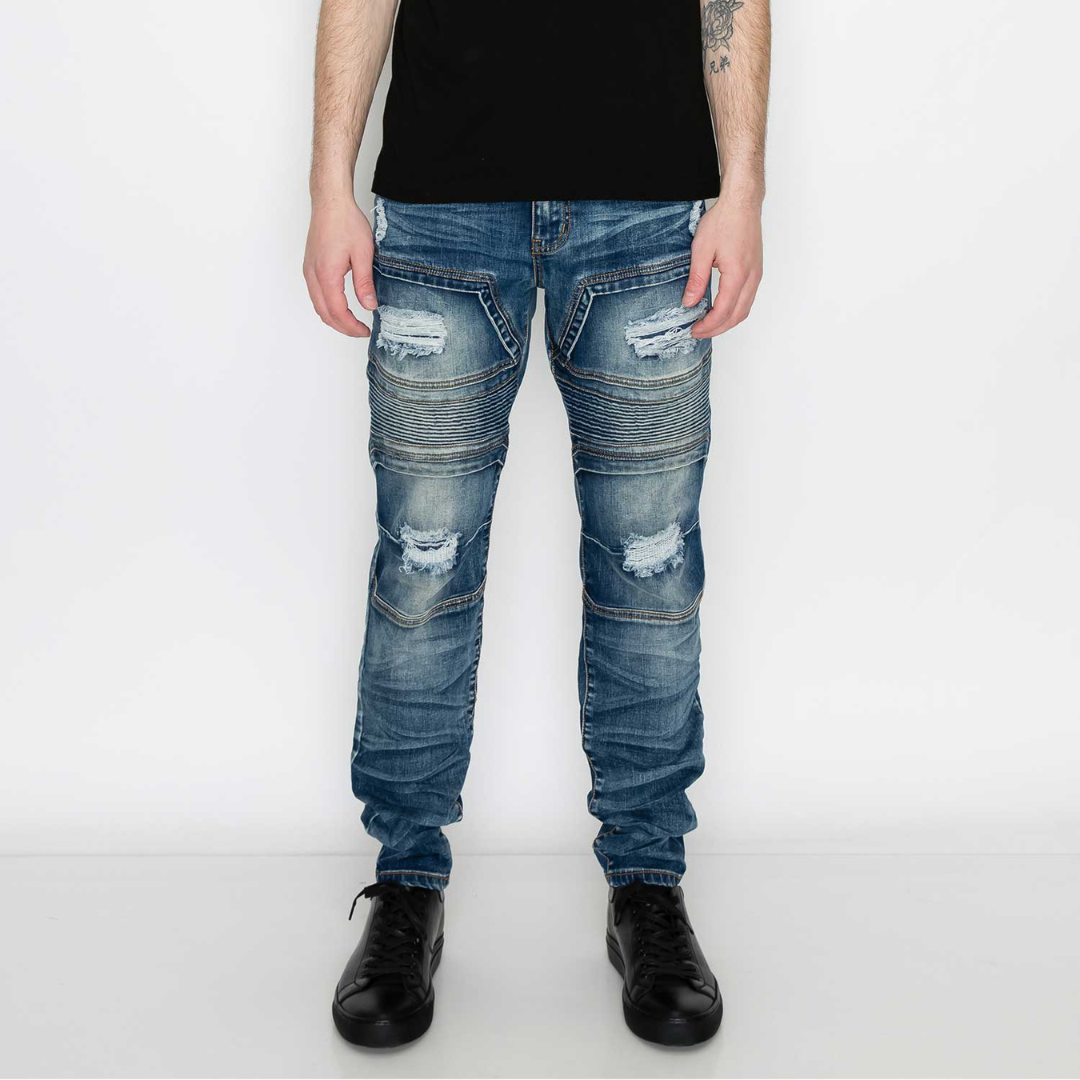 Men's Premium Distressed Biker Blue Denim Wash Skinny Jeans with Stretch
