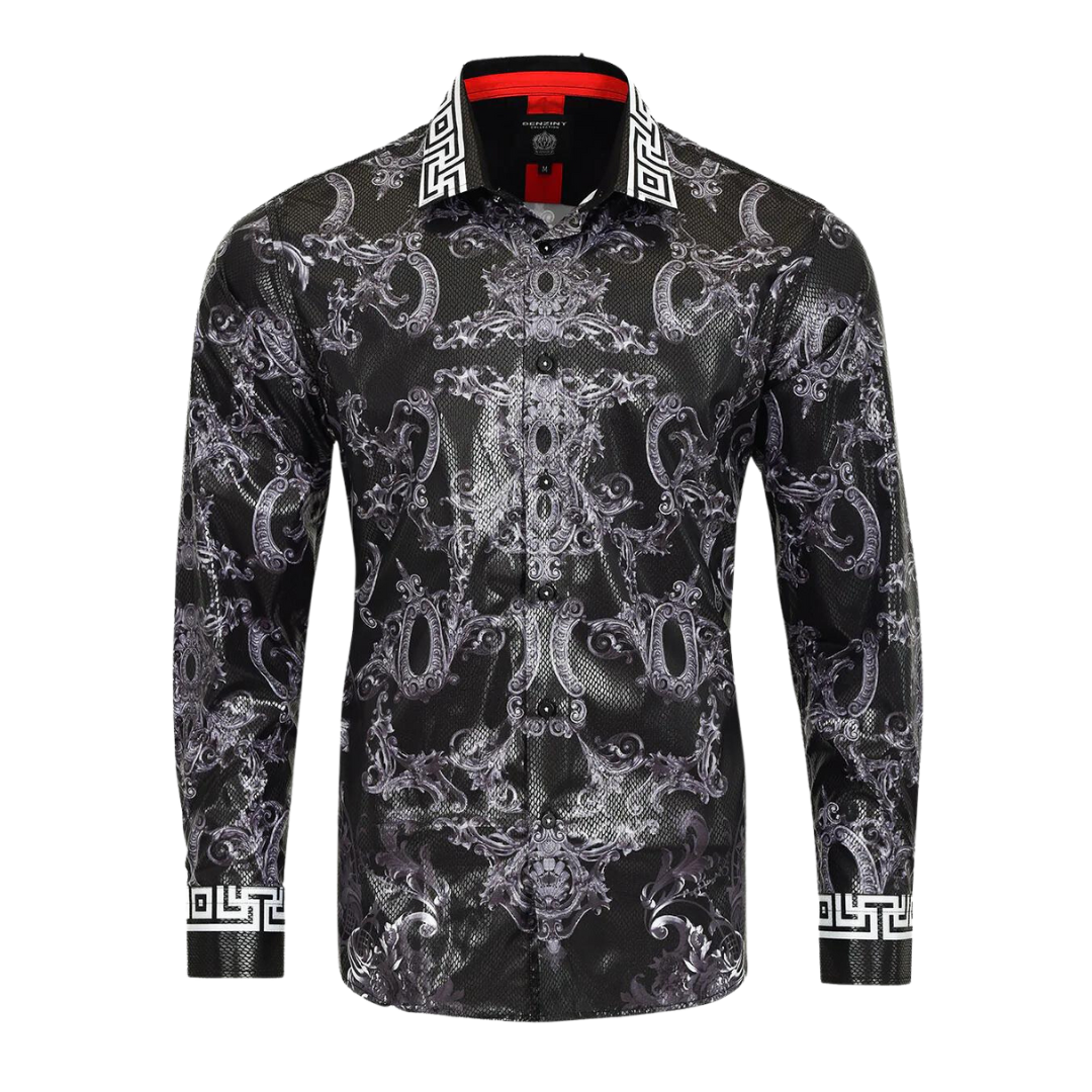 Men's Long Sleeve Button Down Dress Shirt Black White Jewel Geometric Print