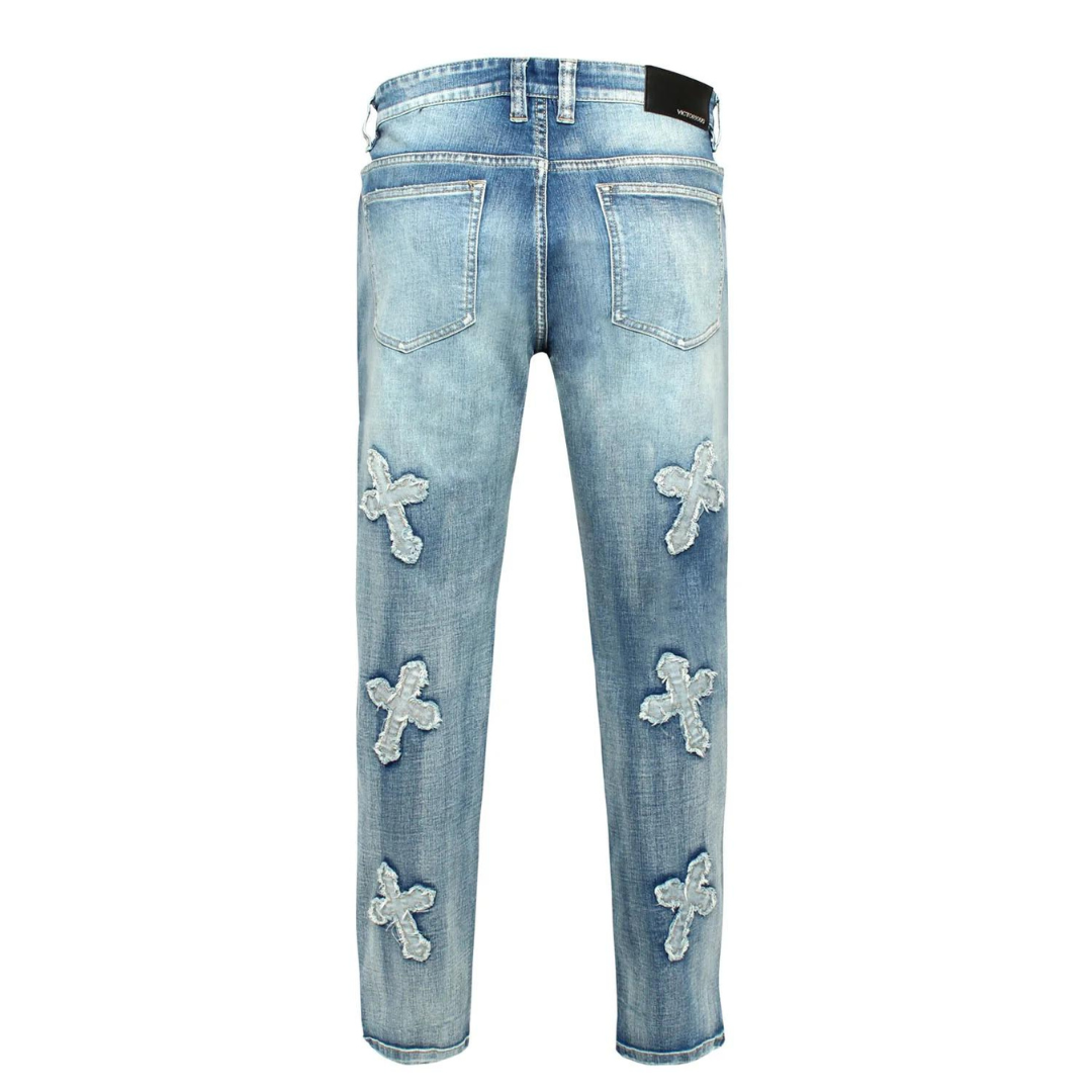 Men's Premium Denim Cross Distressed Light Blue Denim Light Wash Slim Fit Jeans with Stretch
