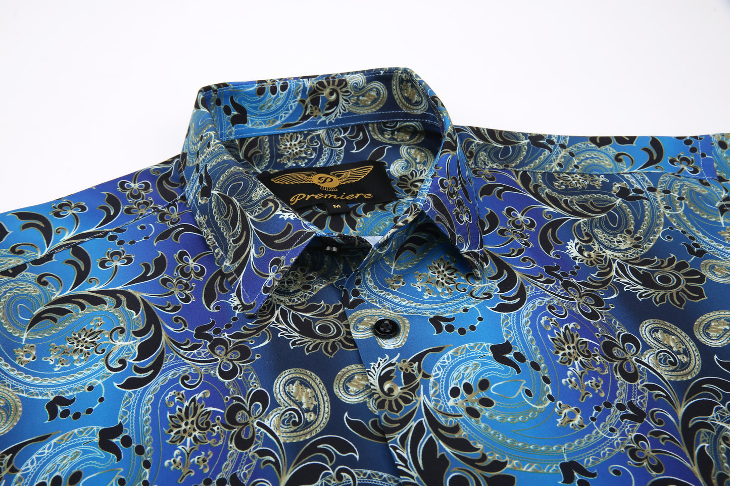 PREMIERE SHORT SLEEVE SHIRTS: BLUE/GOLD PAISLEY