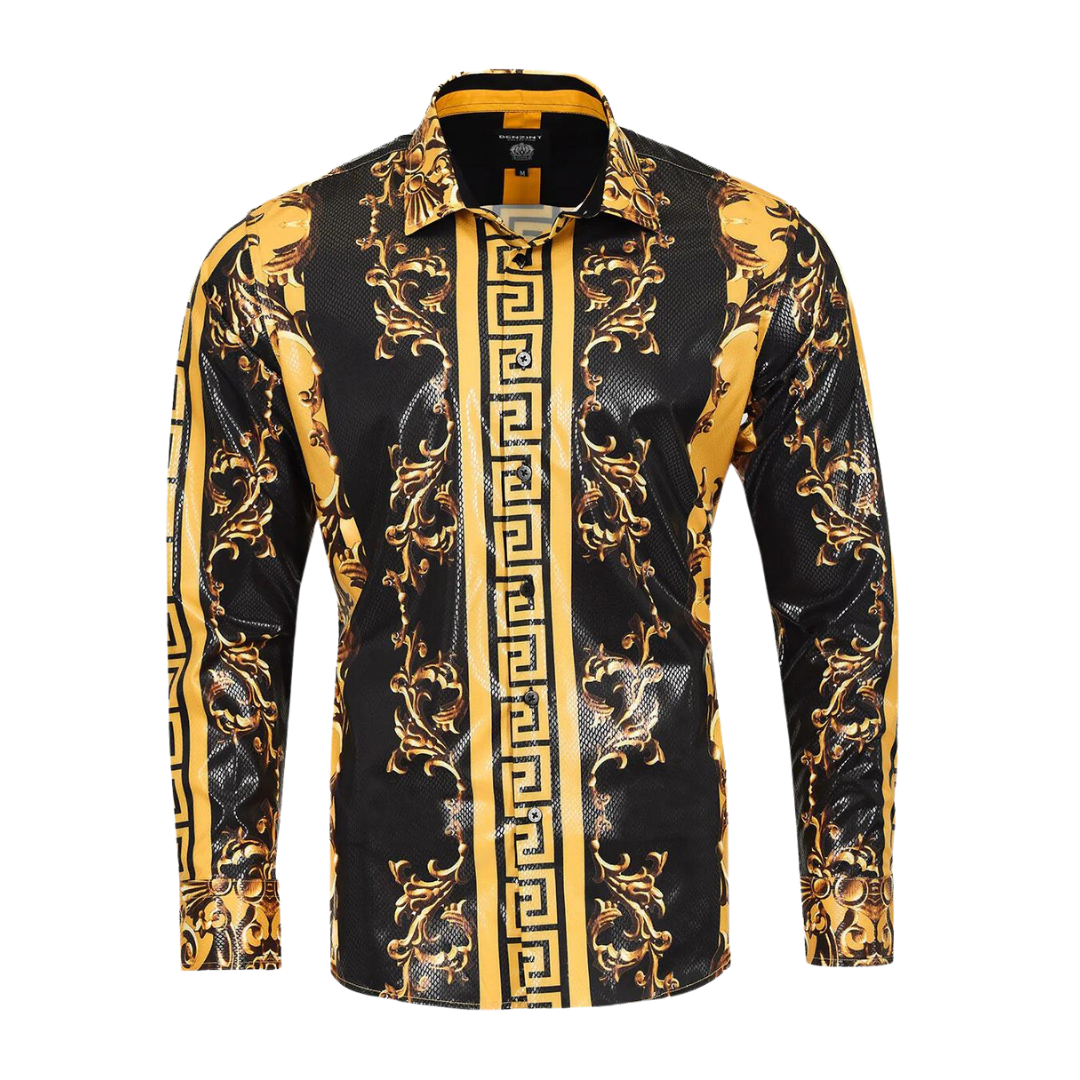 Men's Long Sleeve Button Down Dress Shirt Black Gold Geometric Leaf Baroque