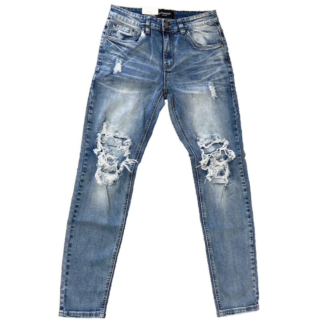 Men's Premium Distressed Light Blue Denim White Wash Skinny Jeans with Stretch