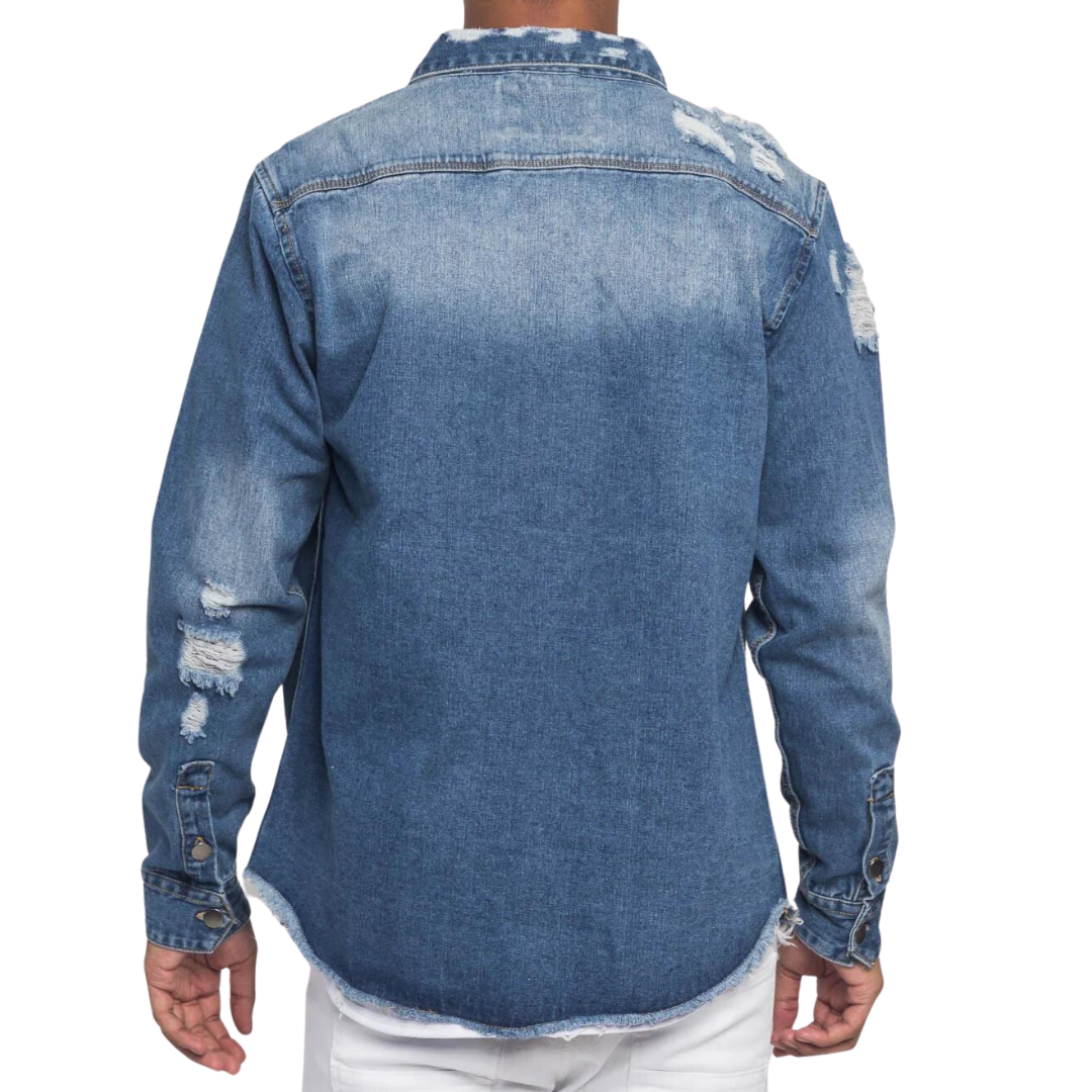 Mens Distressed Denim Over Shirt Button Up Jacket Blue Wash Vintage Jean Jacket