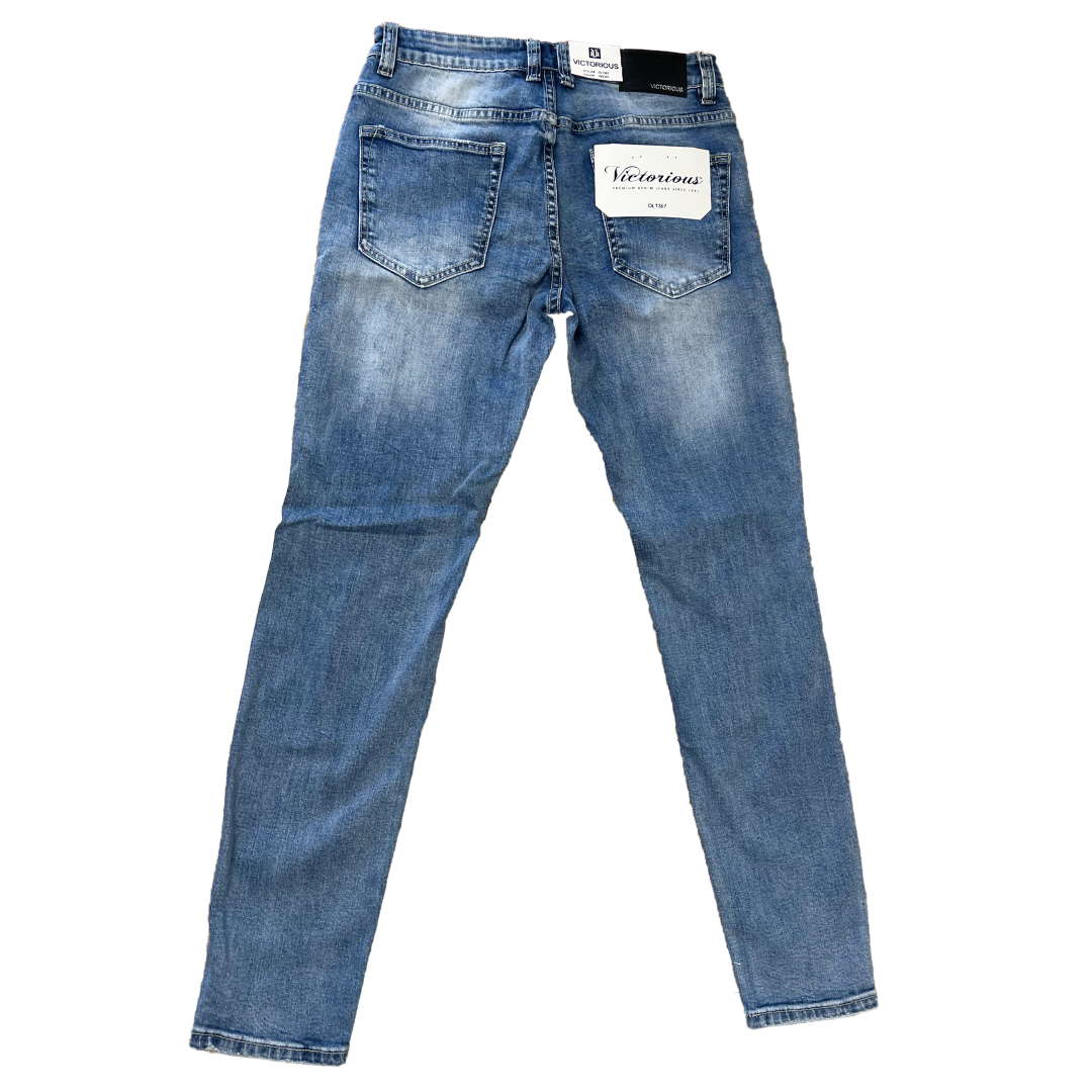 Men's Premium Distressed Light Blue Denim White Wash Skinny Jeans with Stretch