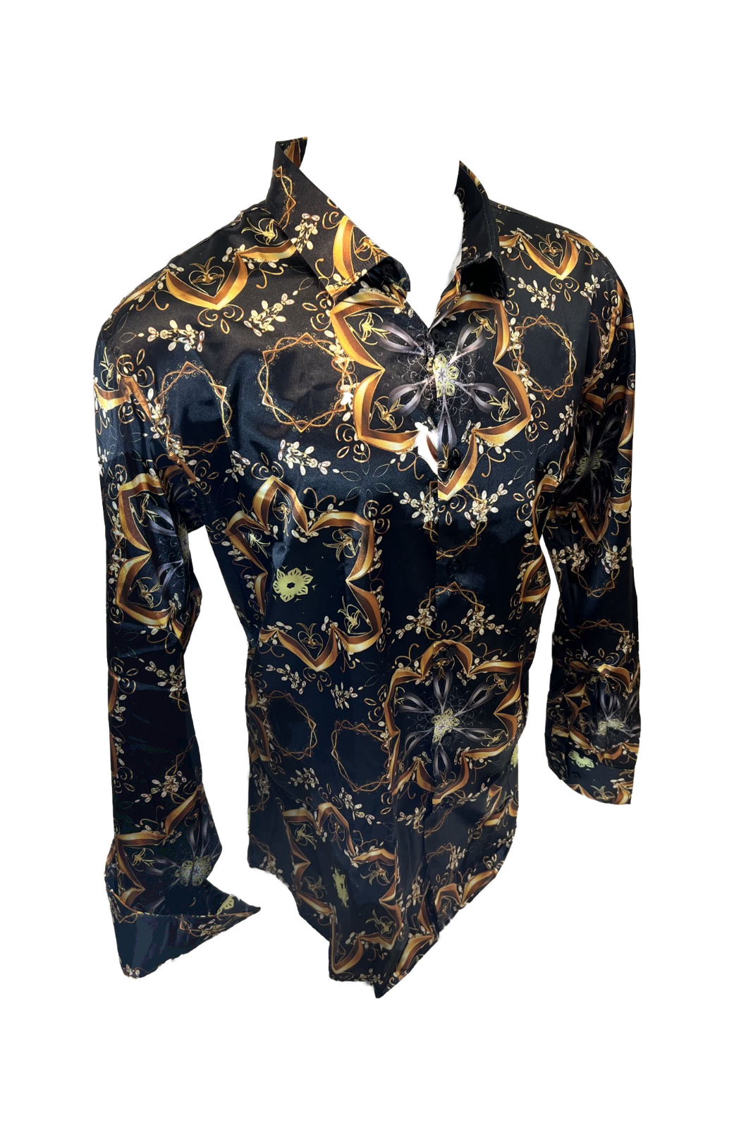 Men's Silky Long Sleeve Button Down Dress Shirt Black Gold Tribal Star Leaf Rope Chain