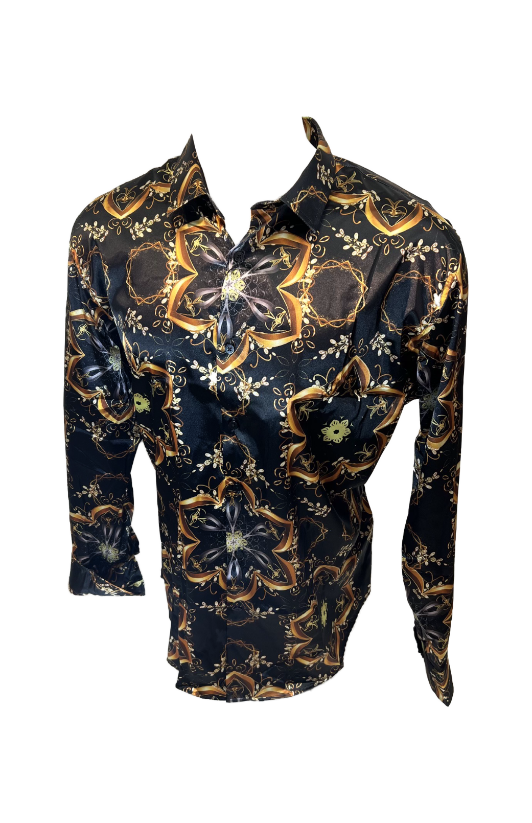 Men's Silky Long Sleeve Button Down Dress Shirt Black Gold Tribal Star Leaf Rope Chain