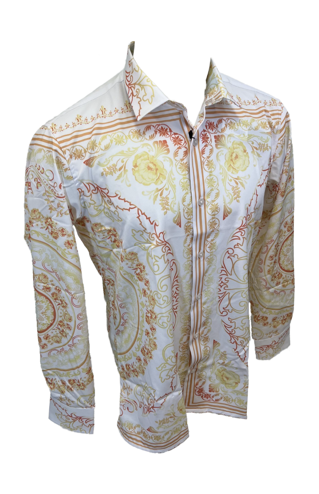 Men's Silky Long Sleeve Button Down Dress Shirt White Gold Colorful Floral Leaf Tribal Chain