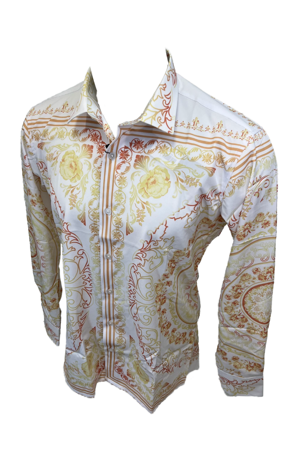 Men's Silky Long Sleeve Button Down Dress Shirt White Gold Colorful Floral Leaf Tribal Chain