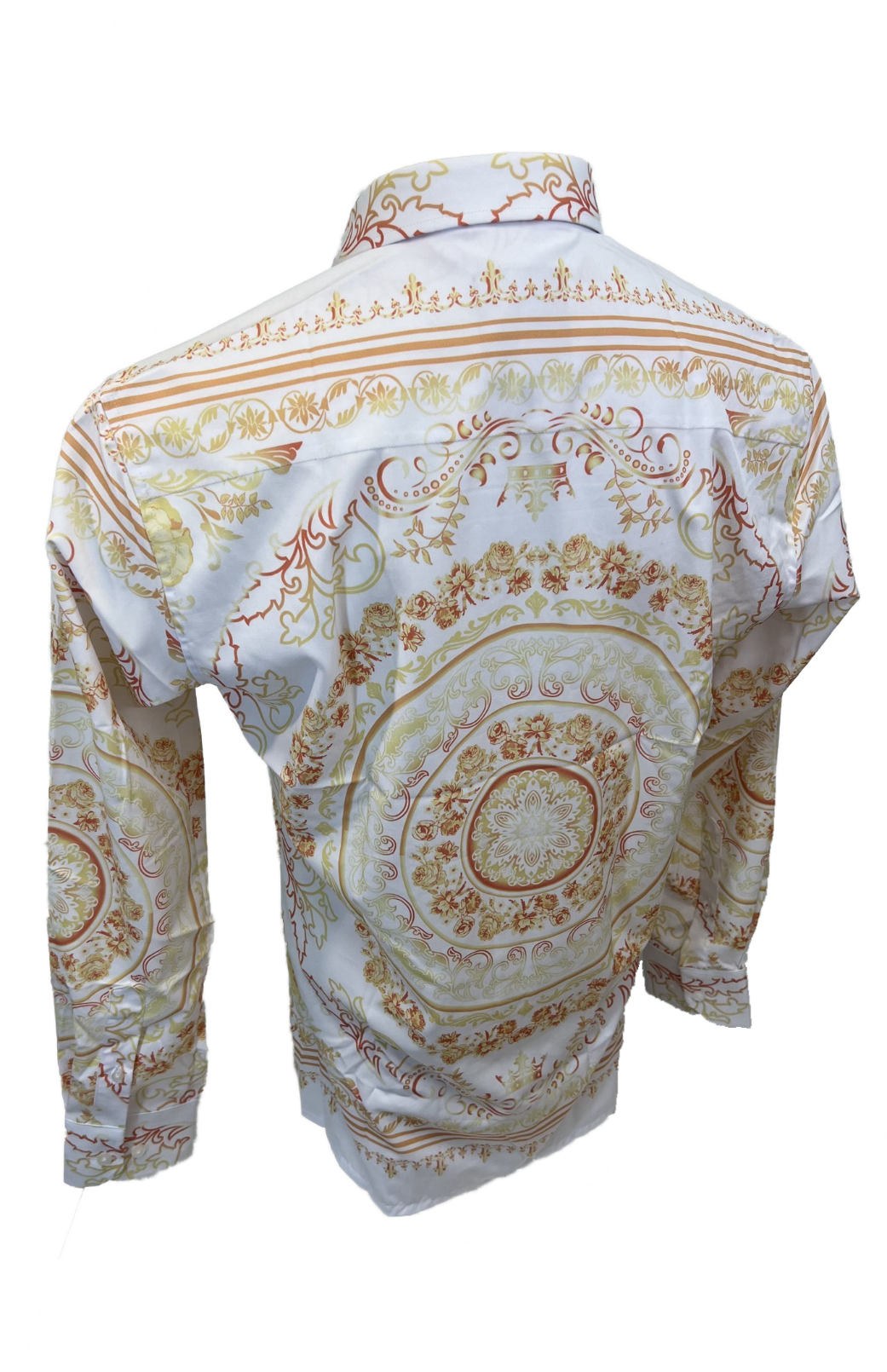 Men's Silky Long Sleeve Button Down Dress Shirt White Gold Colorful Floral Leaf Tribal Chain