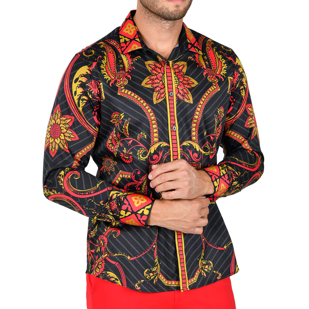 Men's Long Sleeve Button Down Dress Shirt Black Red Gold Geometric Floral Tribal