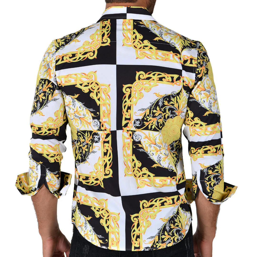 Men's Silky Long Sleeve Button Down Dress Shirt White Black Gold Leaf Chain