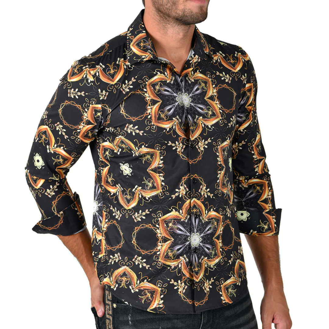 Men's Silky Long Sleeve Button Down Dress Shirt Black Gold Tribal Star Leaf Rope Chain