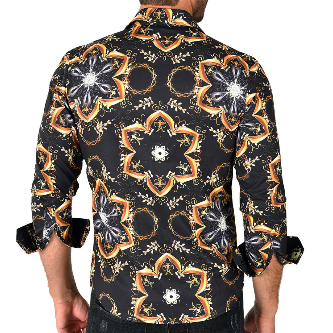 Men's Silky Long Sleeve Button Down Dress Shirt Black Gold Tribal Star Leaf Rope Chain