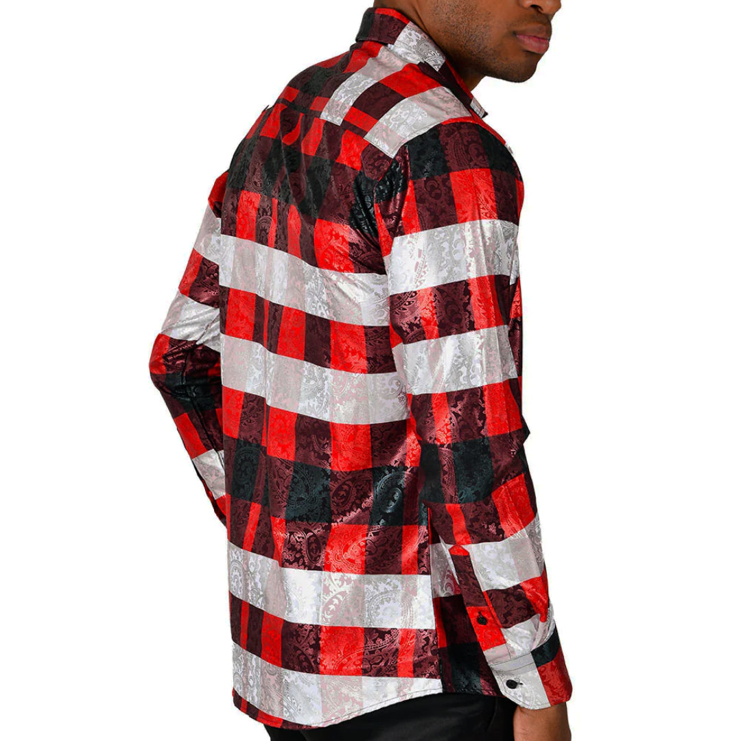 Men's Long Sleeve Button Down Dress Shirt Silky Red White Black Silver Paisley All Over Print