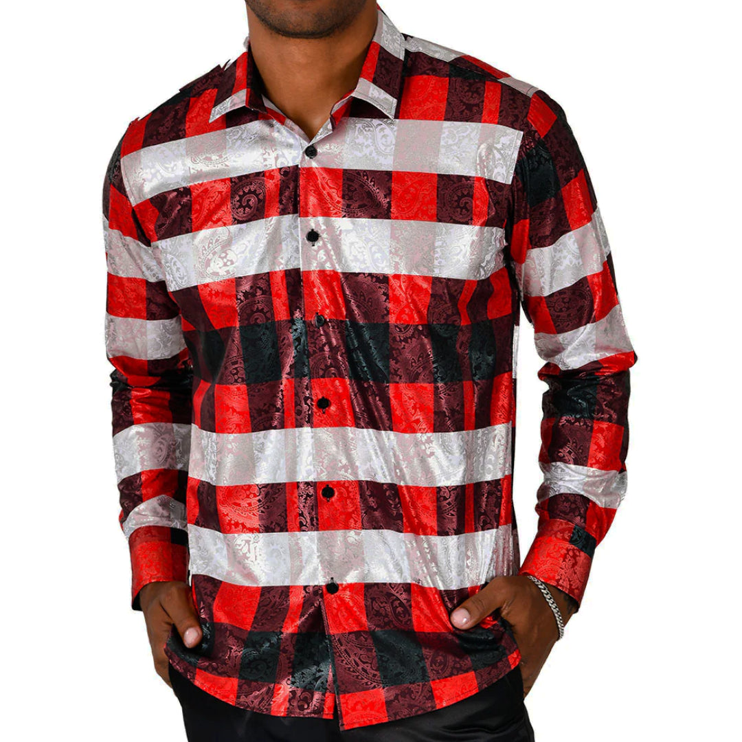 Men's Long Sleeve Button Down Dress Shirt Silky Red White Black Silver Paisley All Over Print