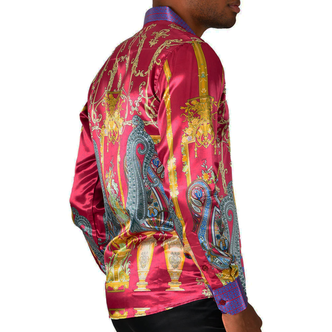 Men's Silky Long Sleeve Button Down Dress Shirt Purple Colorful Large Paisley Jewels