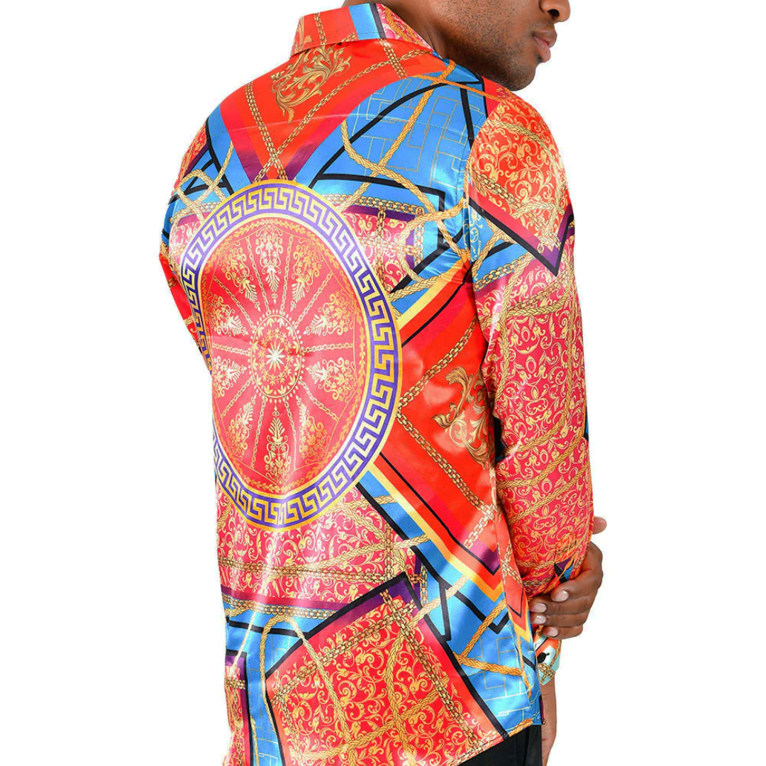 Men's Silky Long Sleeve Button Down Dress Shirt Orange Blue Colorful Leaf Rope Chain