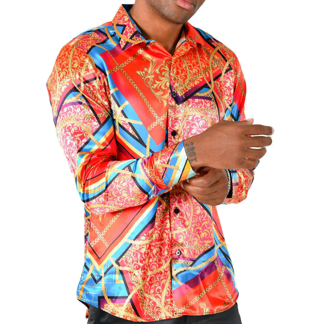 Men's Silky Long Sleeve Button Down Dress Shirt Orange Blue Colorful Leaf Rope Chain