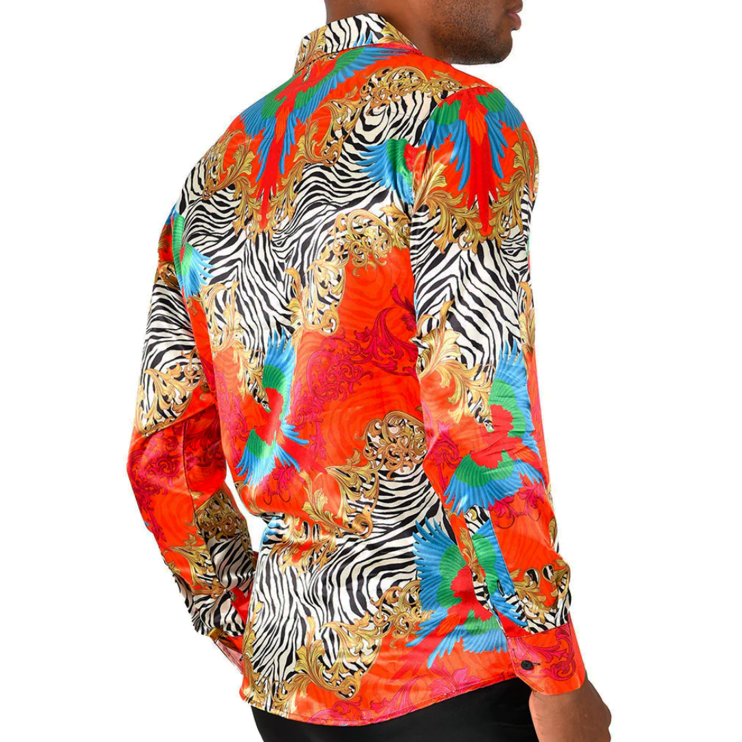 Men's Silky Long Sleeve Button Down Dress Shirt Colorful Zebra Leaf Rose
