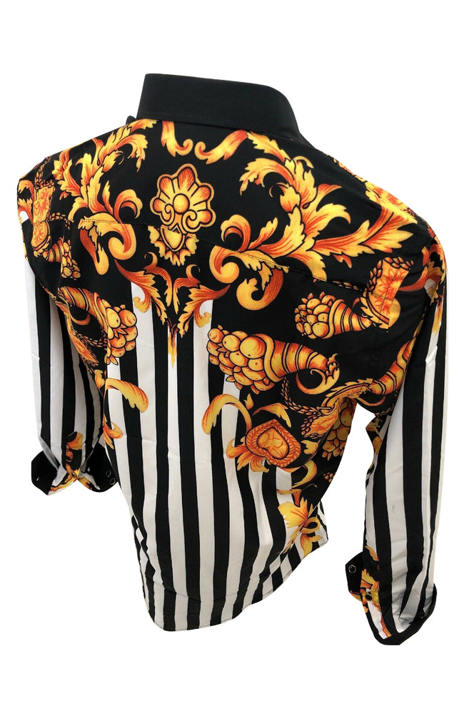 Mens PREMIERE Long Sleeve Button Down Dress Shirt Black Gold White Design