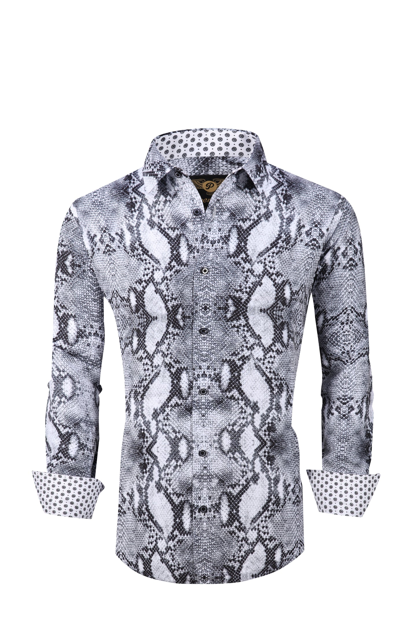 Mens PREMIERE Long Sleeve Button Down Dress Shirt Gray Reptile Snakeskin Print