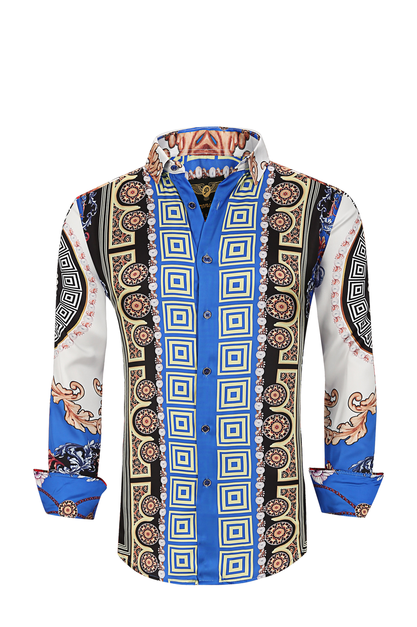 Mens PREMIERE Long Sleeve Button Down Dress Shirt Royal Blue White Gold Pearls
