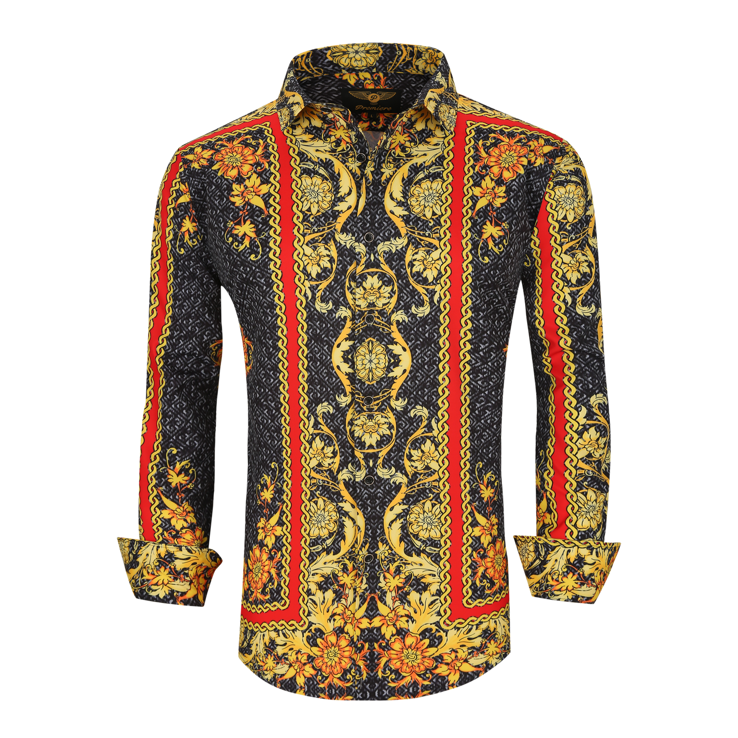 Men's PREMIERE Red Black Grey Gold Floral Tribal Paisley Long Sleeve Button Down Dress Shirt