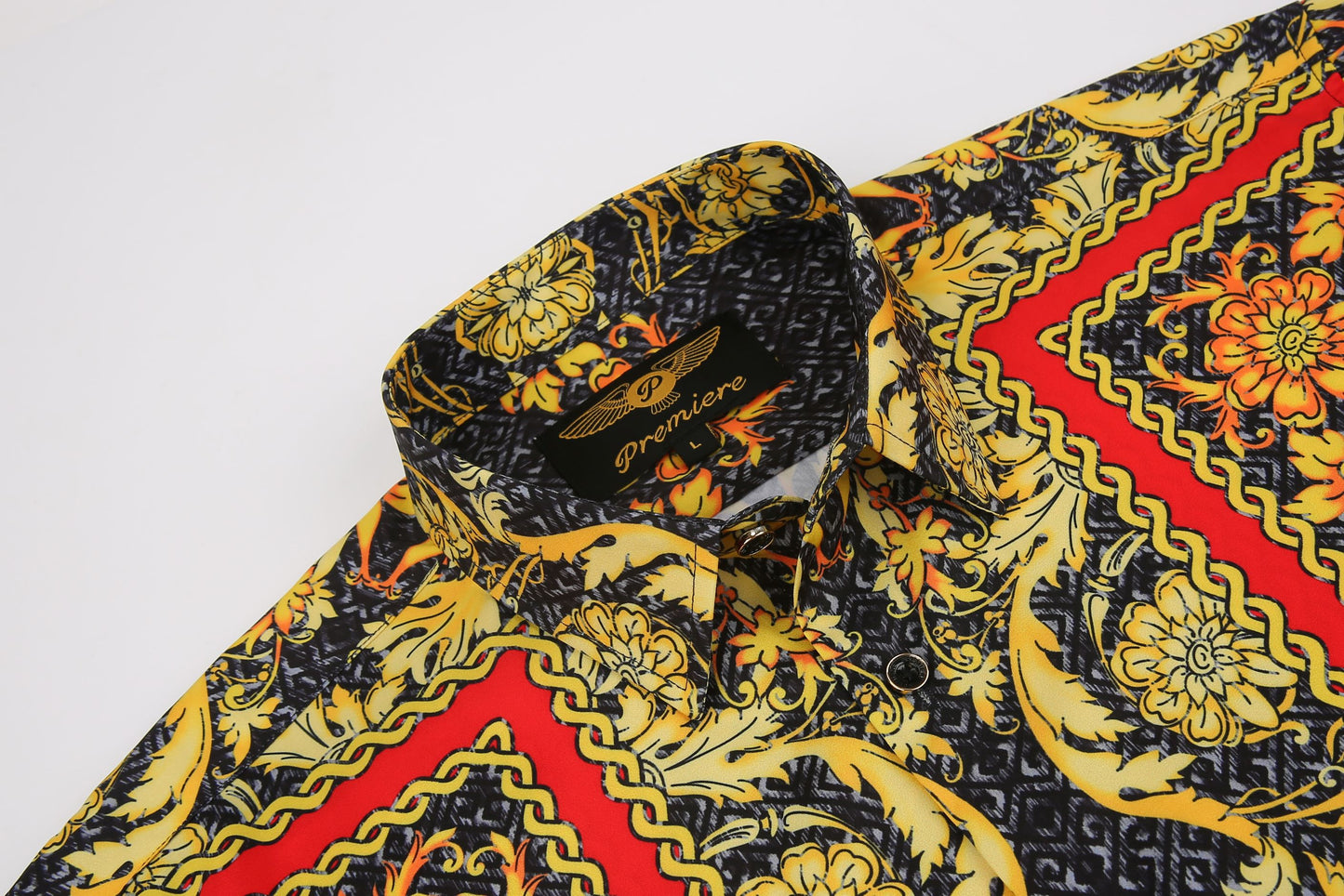 Men's PREMIERE Red Black Grey Gold Floral Tribal Paisley Long Sleeve Button Down Dress Shirt